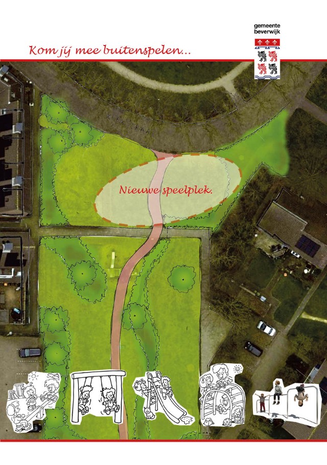 Plattegrond voor een nieuwe speelplek in de gemeente Beverwijk. De kaart toont een groen parkachtig gebied met paden en bomen. Er is een gemarkeerde ovale zone met de tekst "Nieuwe speelplek."  Daarnaast zijn er illustraties van spelende kinderen en verschillende speeltoestellen, zoals een schommel, een glijbaan en een klimtoestel. 